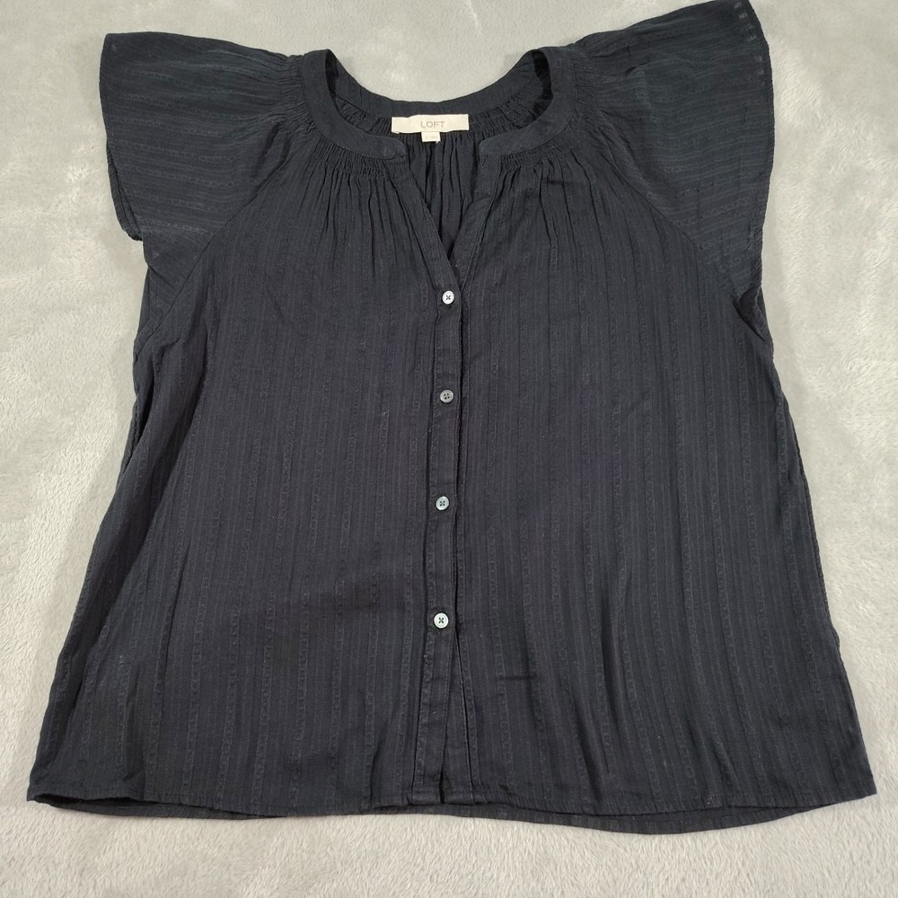 Loft Semi Sheer Blouse Ladies‎ S Black Stripe Flutter Cap Sleeves Summer Light